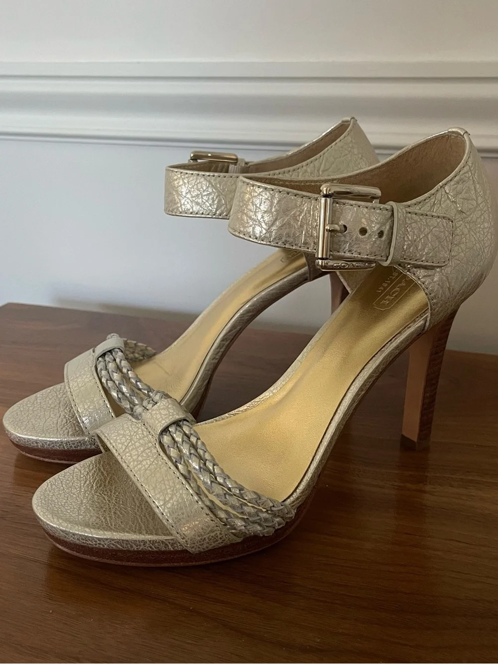 Coach Metallic Gold Braided Strap Ankle Buckle Sandals Heels 9.5